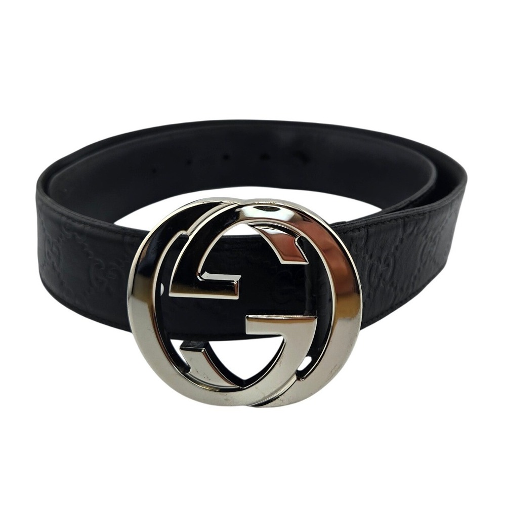Gucci Signature Leather Belt Black GG Monogram Silver Interlocking G 90-36